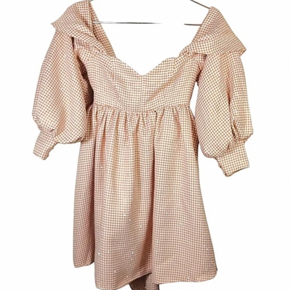 NWOT ASOS LUXE Bandeau Sweetheart Neck Mini Smock Houndstooth Baby Doll Dress - Picture 5 of 9